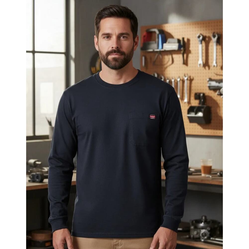 Wrangler Workwear Men's T Shirt Long Sleeve Pocket Blue Size 42-44 Large